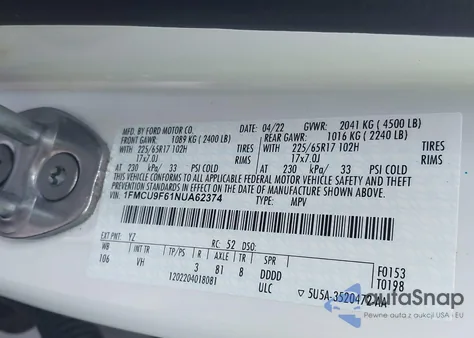 2022 Ford Escape S from USA, damaged, VIN 1FMCU9F61NUA62374